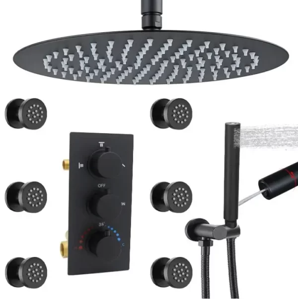 Matte Black Thermostatic Rain Shower System with Handheld