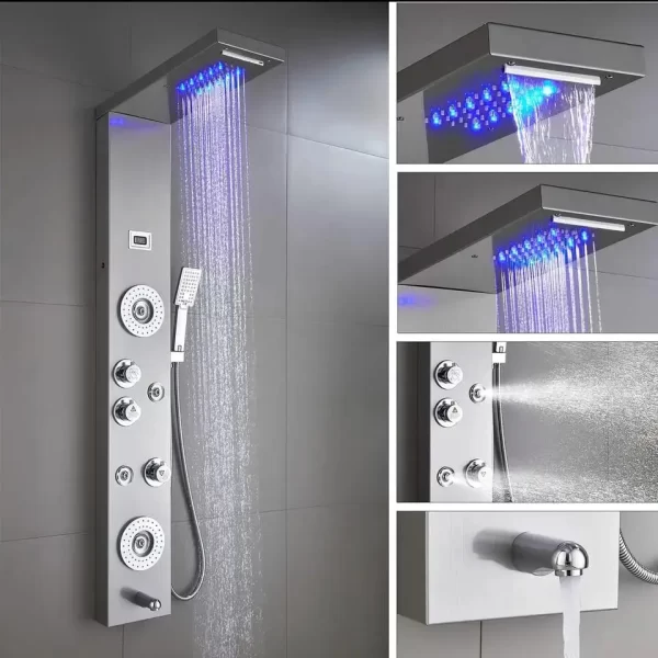 Brushed Nickel Stainless Steel Shower Panel with 6-Function Massage System