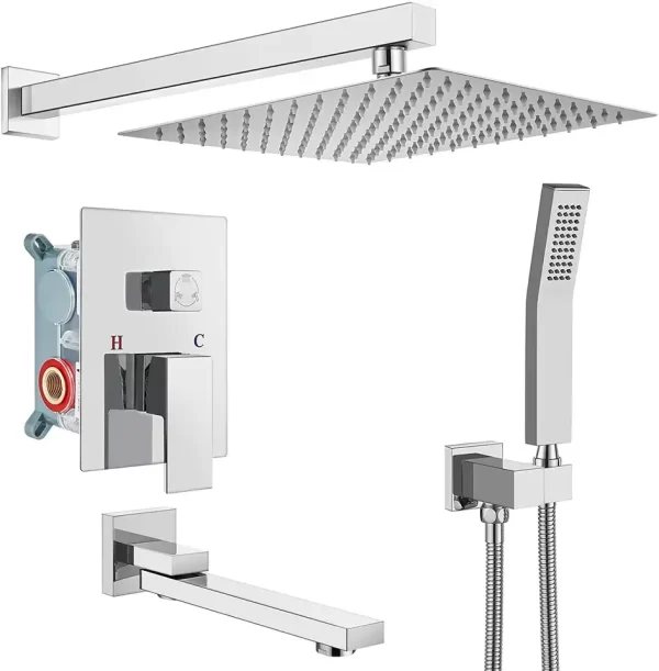Brushed Nickel Rain Shower System with Handheld Sprayer & Tub Spout