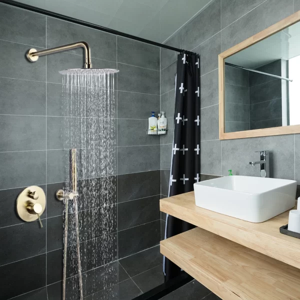 Premium Brushed Gold Round Valve Shower Head Set