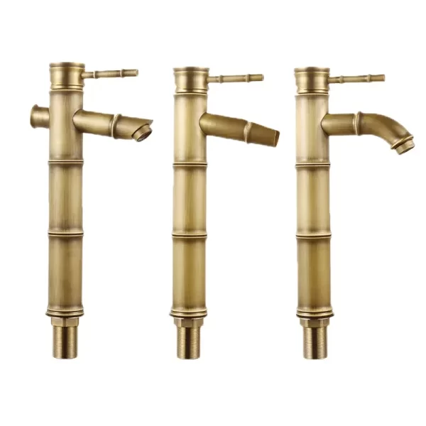 Retro Brass Bamboo Bathroom Vessel Faucet with Tall Spout