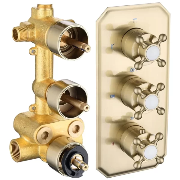 Brushed Gold Solid Brass 3-Way Thermostatic Shower Diverter Trim Kit with 3 Handles