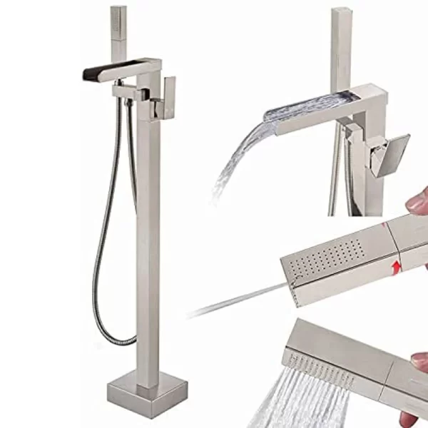 Brushed Nickel Floor Mount Waterfall Tub Filler Faucet