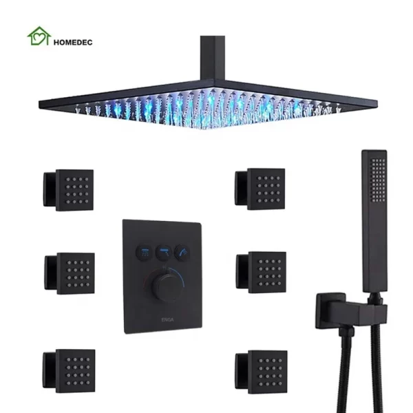 12 Inch Matte Black Rain LED Shower Head System with Body Jets