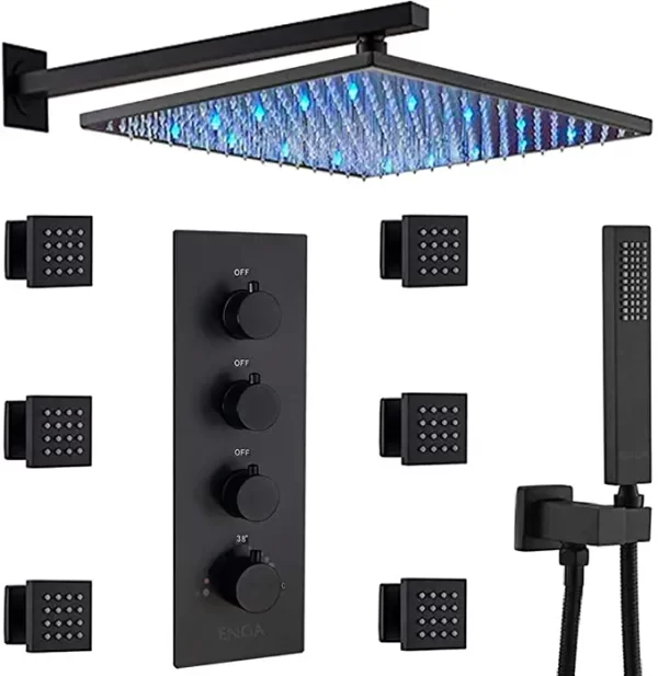 Luxury 16" Matte Black LED Shower System with Body Sprays